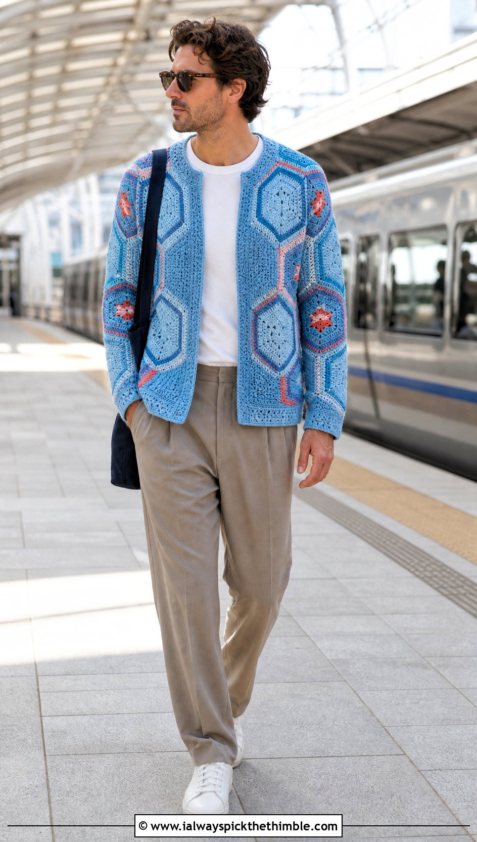Hexagon Crochet Jumper With Relaxed Trousers - 25 men crochet jumper outfit ideas