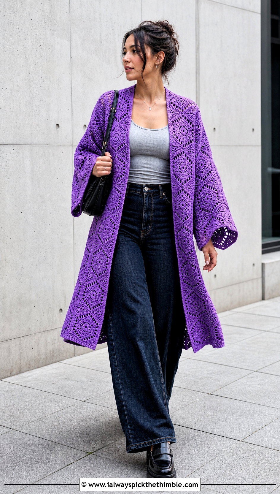 Hexagon Crochet Kimono Cardigan With Wide Leg Jeans - 25 crochet kimono cardigan outfit ideas