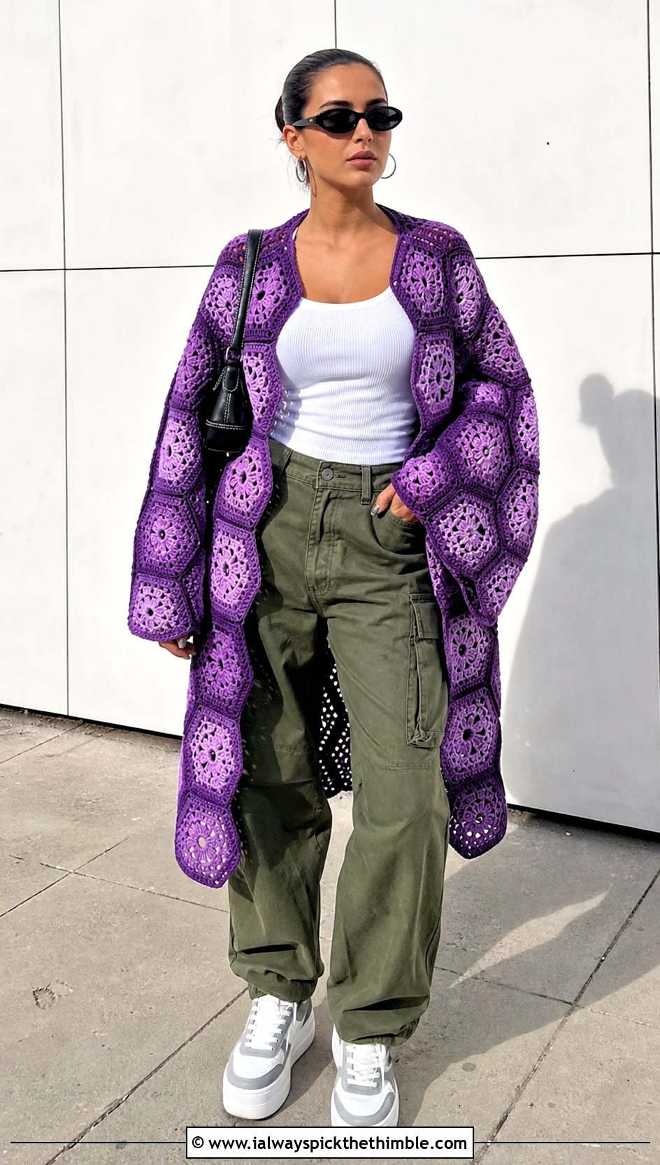 Hexagon Crochet Long Cardigan With Cargo Pants - 25 crochet long cardigan outfit ideas