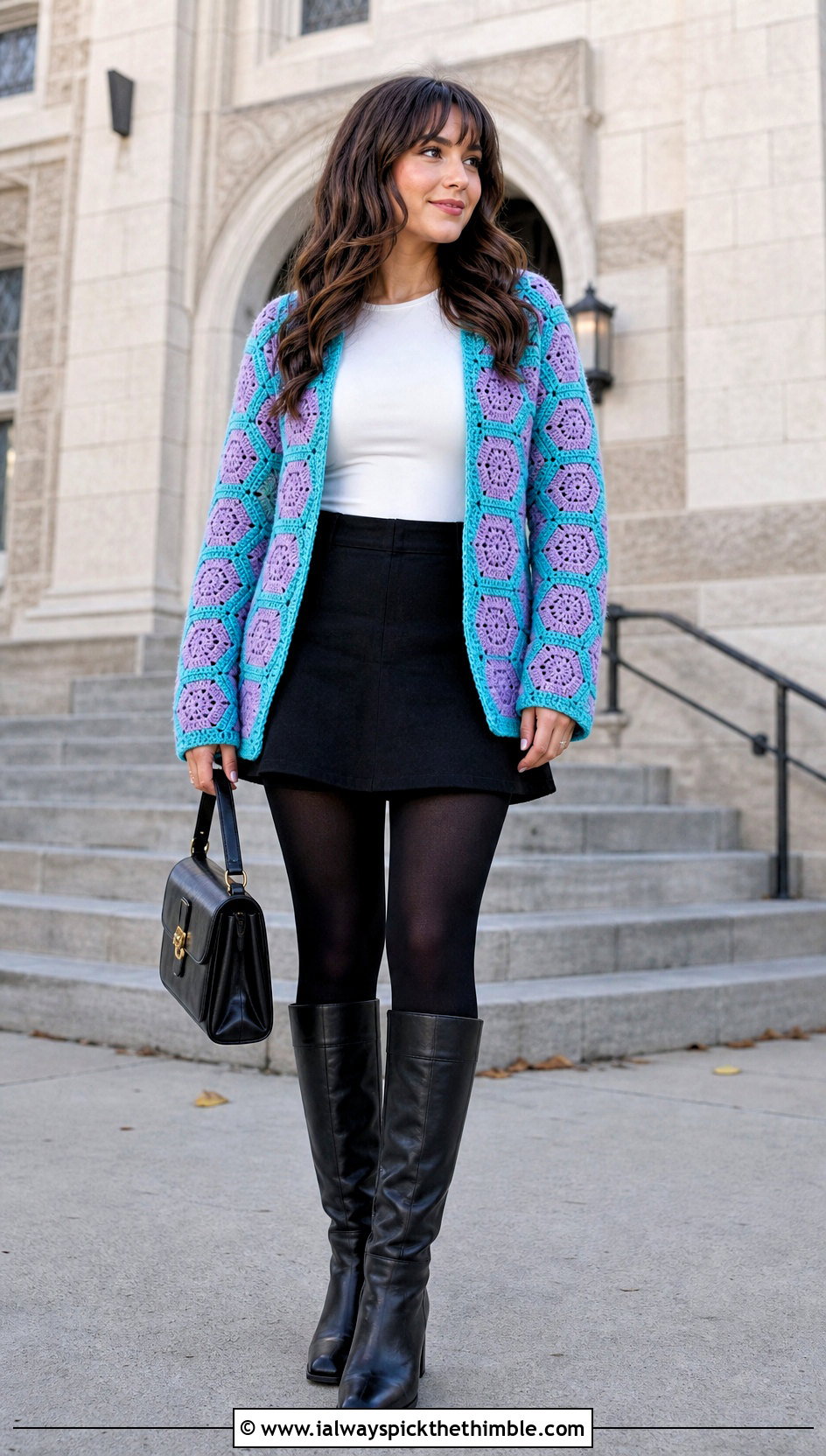 Hexagon Crochet Long Sleeve Cardigan With Mini Skirt - 20 Crochet Long Sleeve Cardigan outfit ideas