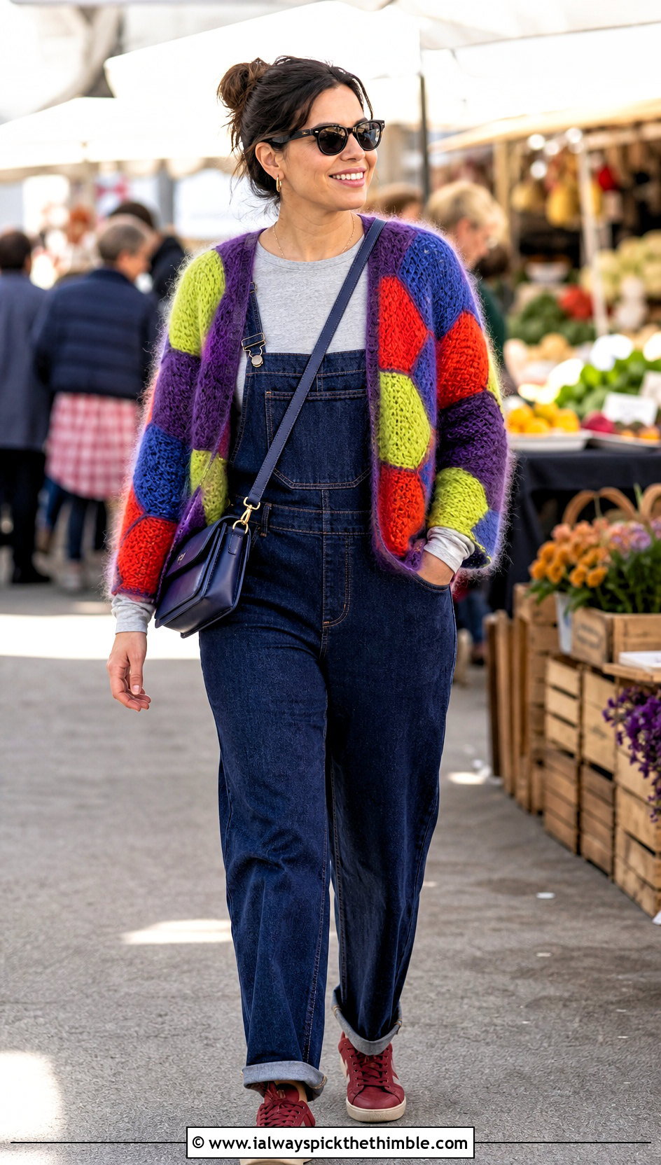 Hexagon Crochet Mohair Cardigan With Denim Overalls - 25 crochet mohair cardigan outfit ideas