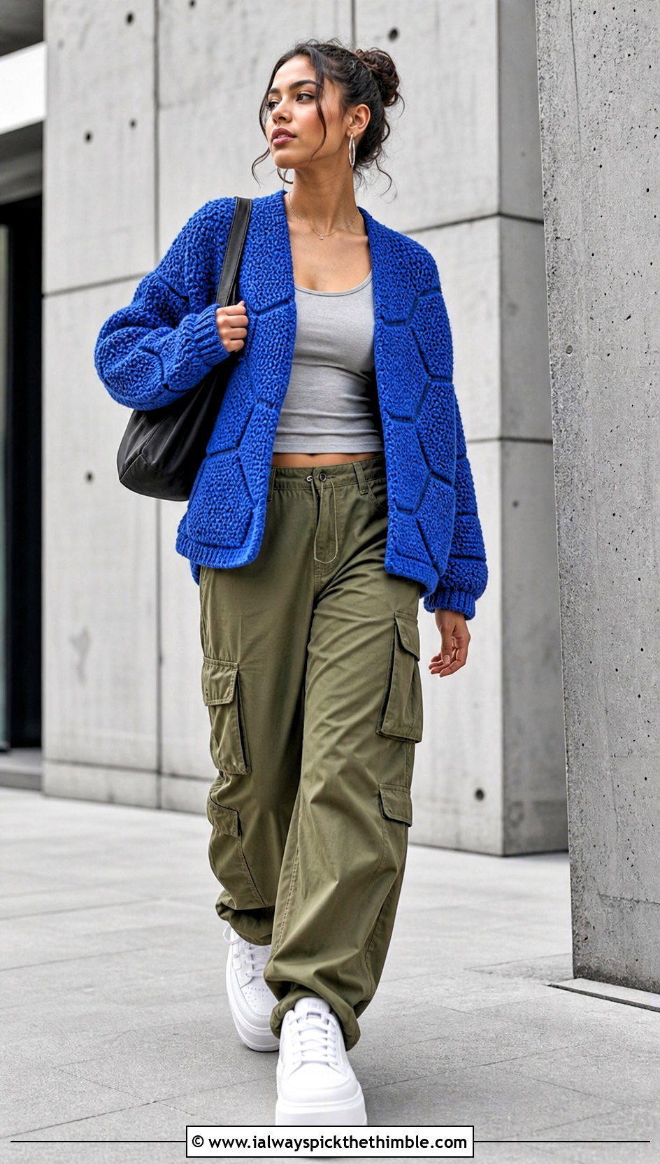 Hexagon Crochet Moss Stitch Cardigan With Cargo Pants - 20 crochet moss stitch cardigan outfit ideas