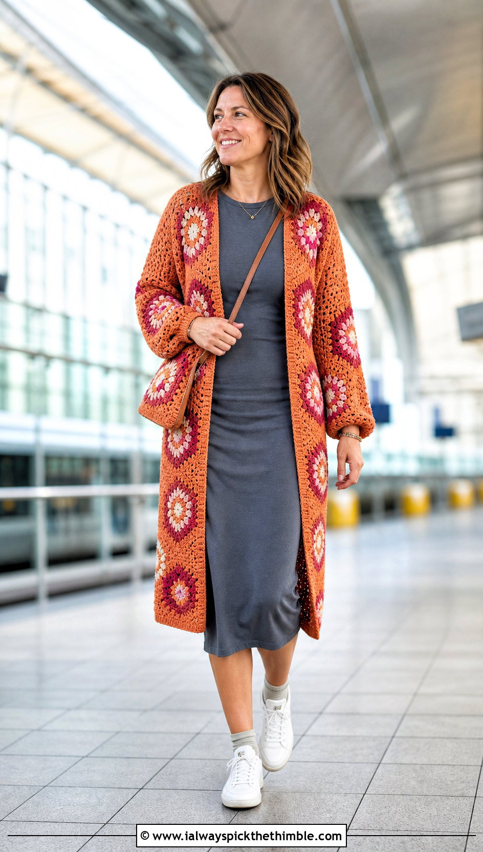 Hexagon Crochet Patched Cardigan With T Shirt Dress - 20 Crochet Patched Cardigan outfit ideas