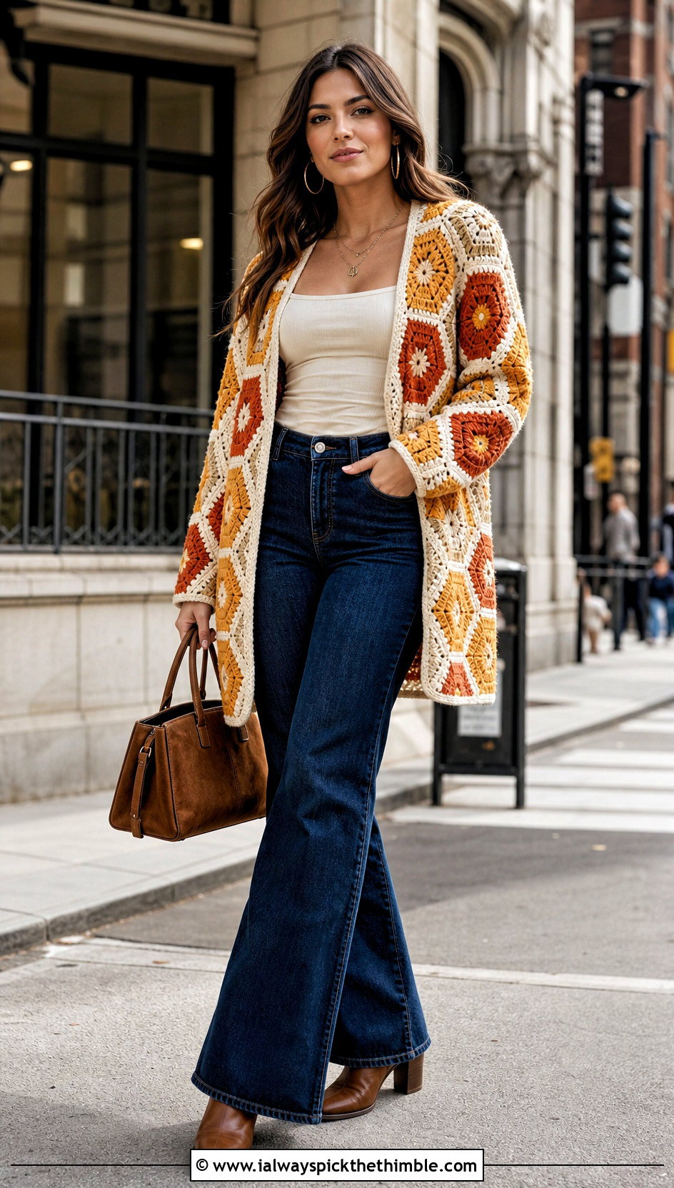 Hexagon Crochet Patchwork Cardigan With Flared Jeans - 25 crochet patchwork cardigan outfit ideas