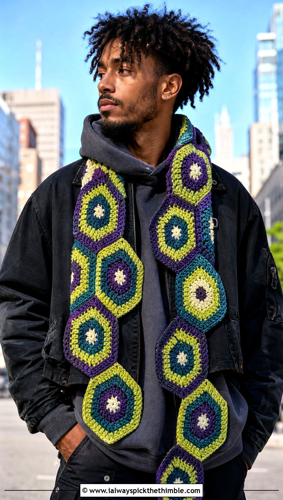 Hexagon Crochet Scarf With Streetwear Outfit - 25 men crochet scarf outfit ideas