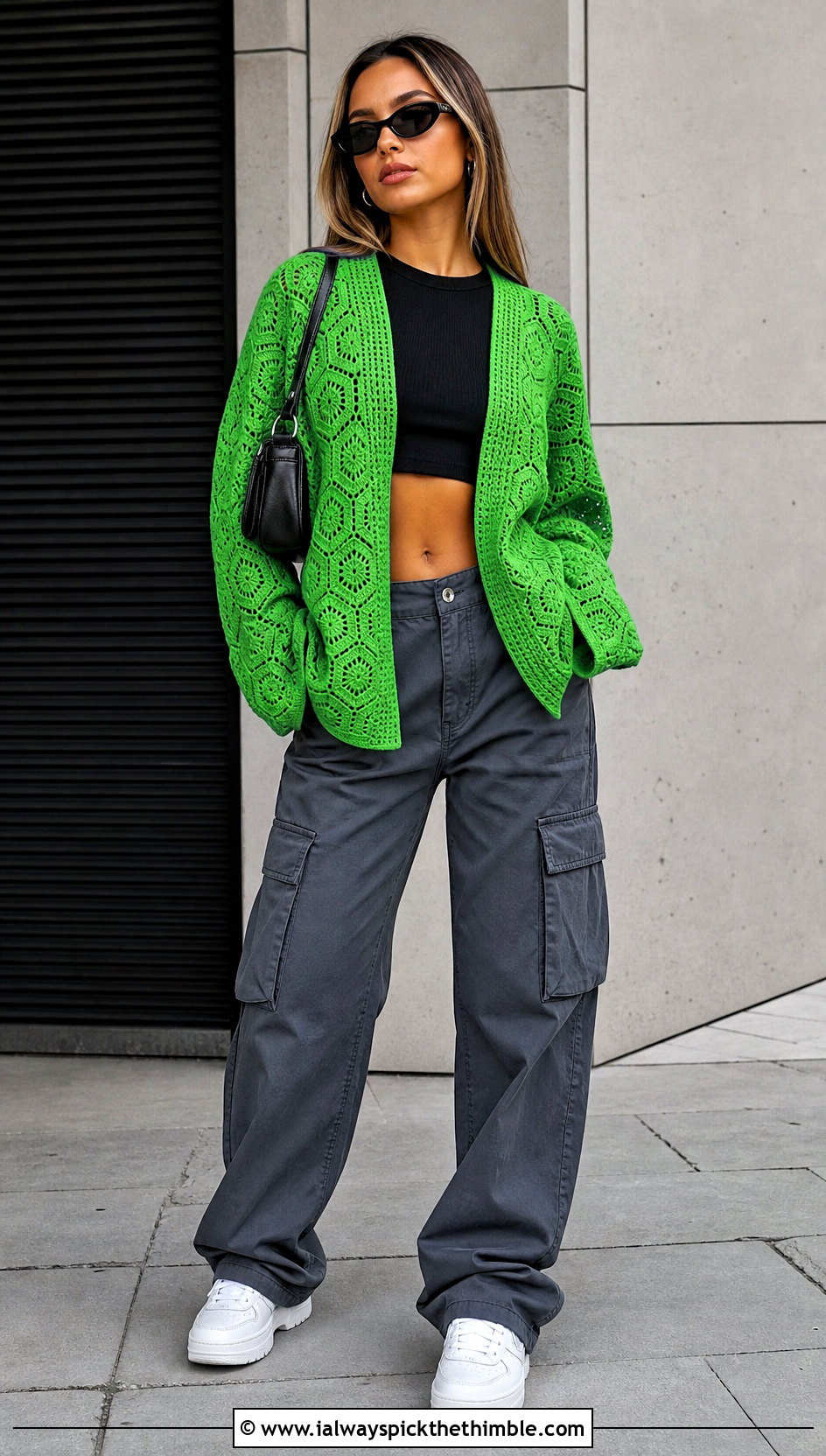 Hexagon Crochet Seamless Cardigan With Cargo Pants - 20 Crochet Seamless Cardigan outfit ideas