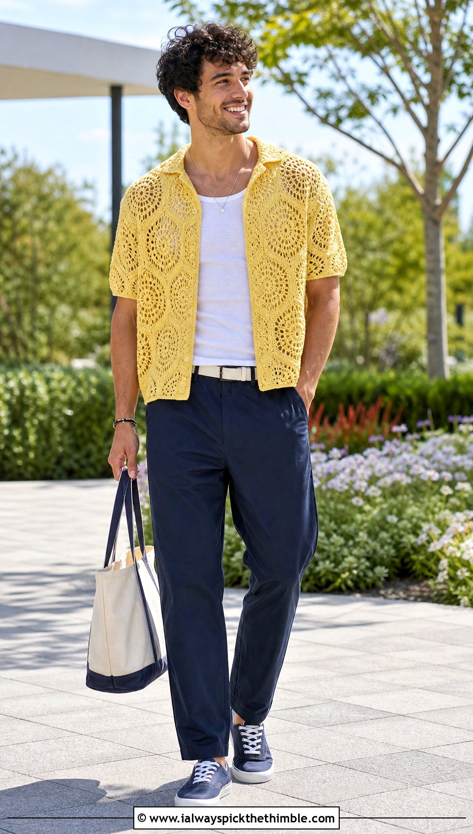 Hexagon Crochet Shirt With Relaxed Chinos - 25 crochet mens shirt outfit ideas