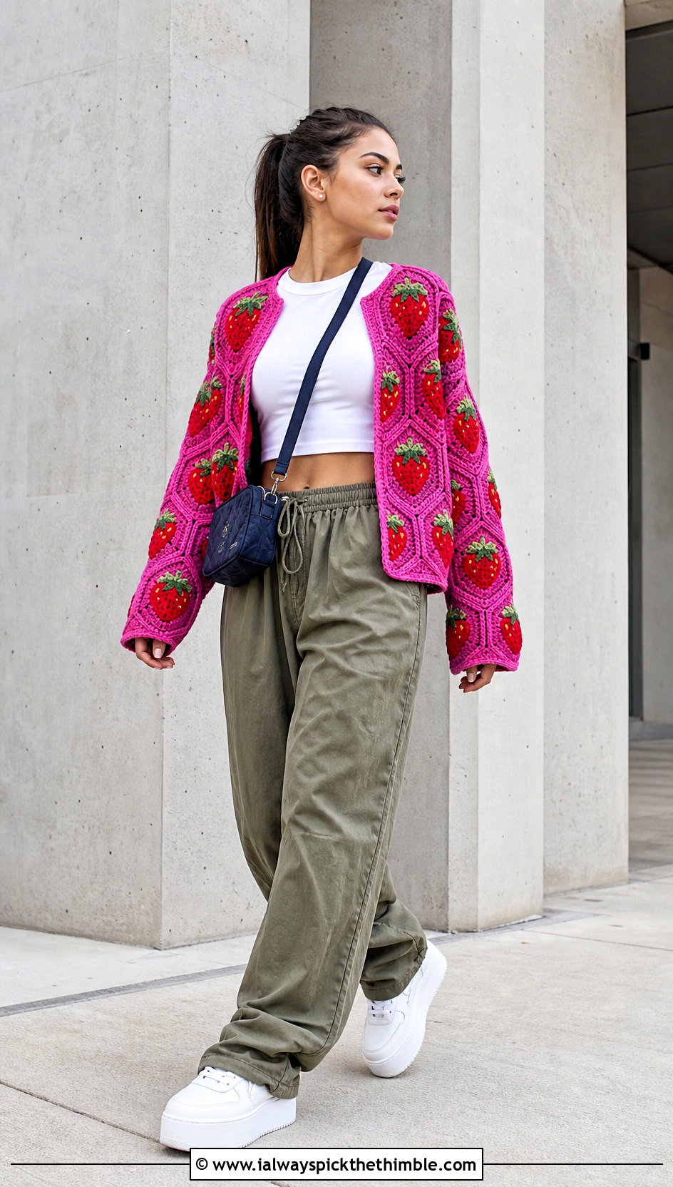 Hexagon Crochet Strawberry Cardigan With Parachute Pants - 25 crochet strawberry cardigan outfit ideas