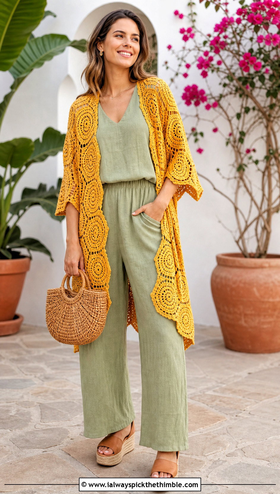 Hexagon Crochet Summer Kimono With Linen Jumpsuit - 20 crochet summer kimono outfit ideas