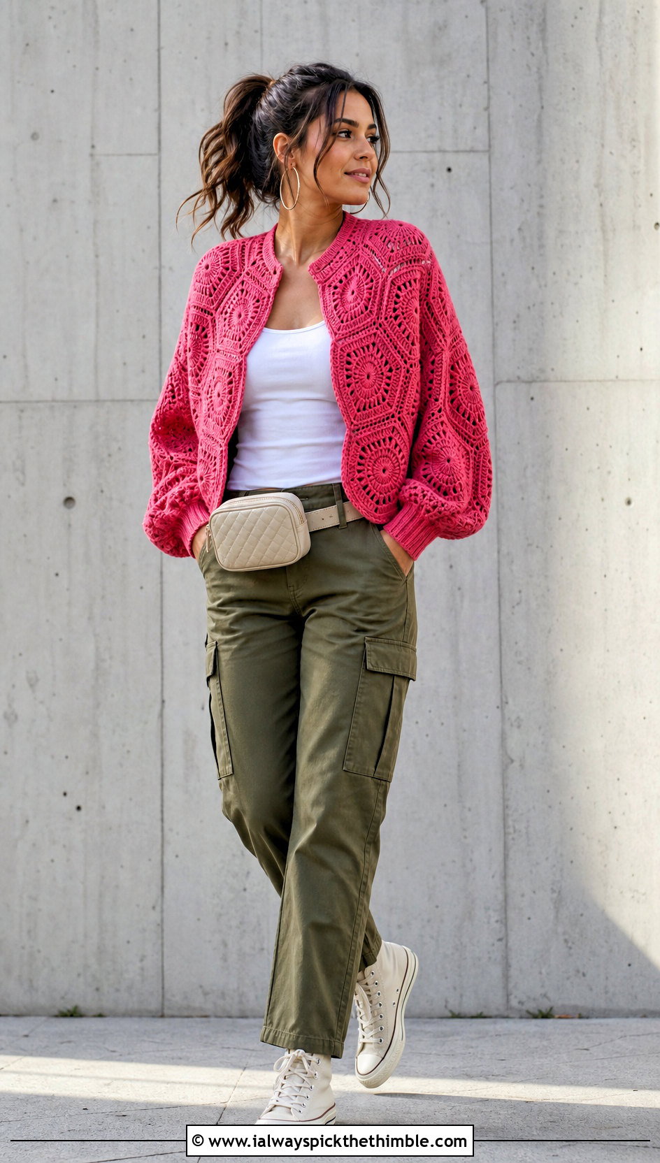 Hexagon Crochet Sweater With Cargo Pants - 25 crochet sweaters women outfit ideas