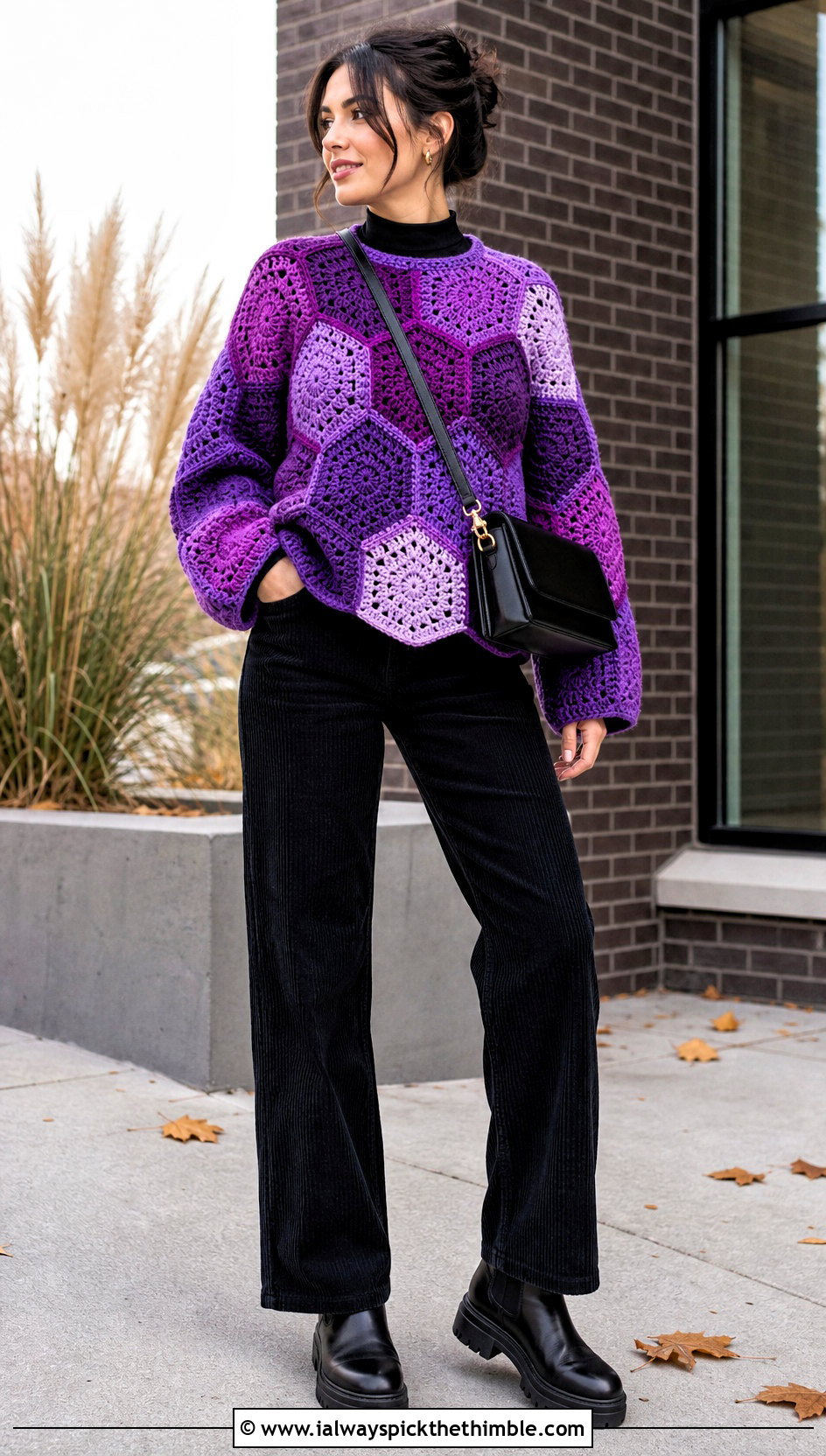 Hexagon Crochet Sweater With Corduroy Pants - 20 goth crochet sweater outfit ideas