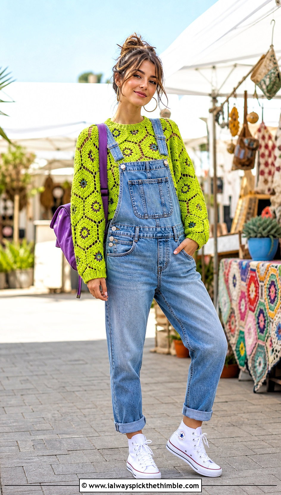 Hexagon Crochet Sweater With Denim Overalls - 20 Crochet Quick Sweater outfit ideas