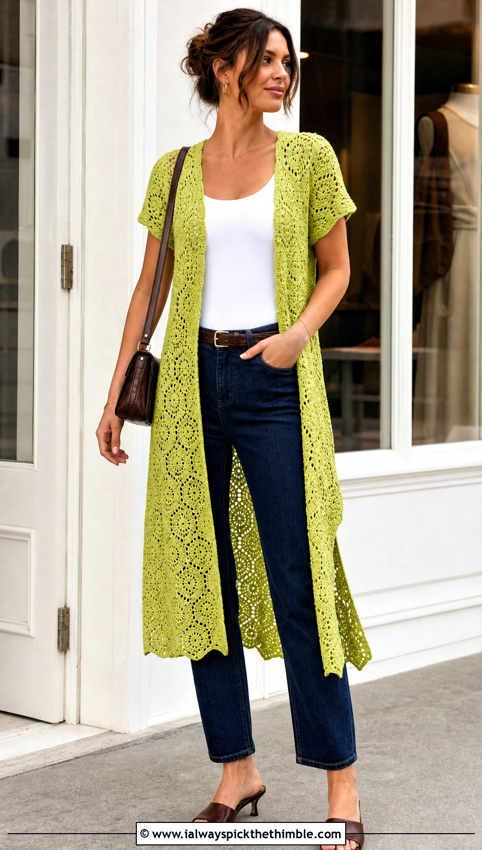 Hexagon Crochet Tunic Dress With Straight Leg Jeans - 20 hexagon crochet dress outfit ideas