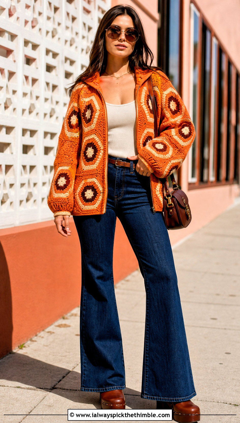 Hexagon Crochet Zip Up Hoodie With Flared Jeans - 20 crochet zip up hoodie outfit ideas