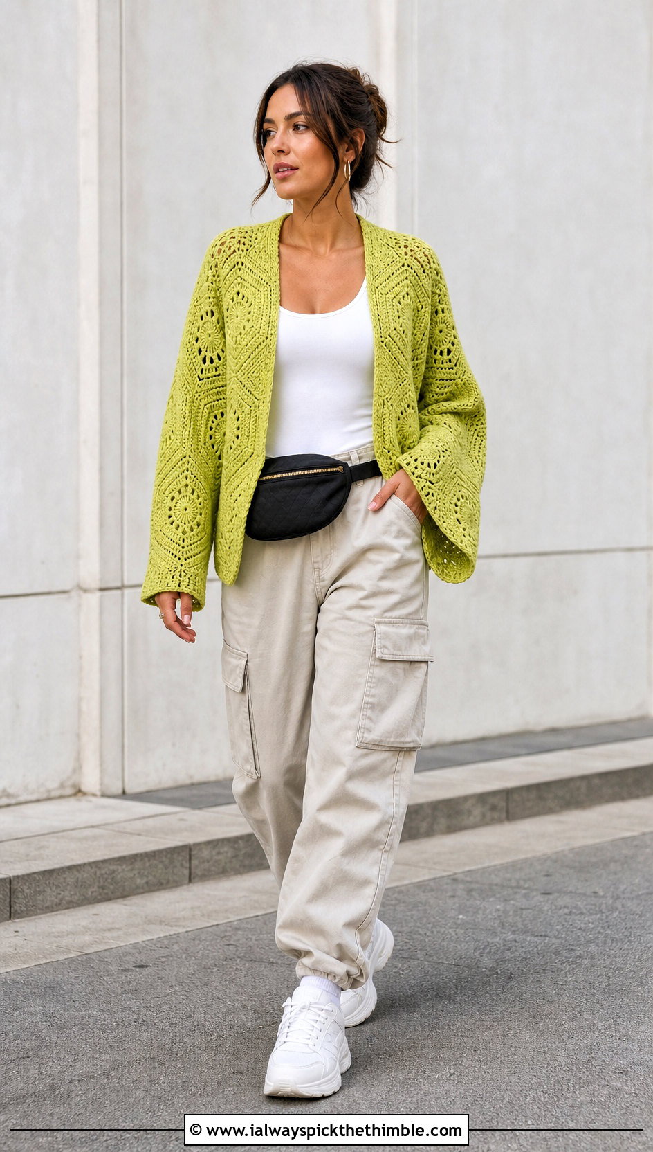 Hexagon Crocheted Cardigan With Cargo Pants - 15 Easy Crocheted Cardigan outfit ideas