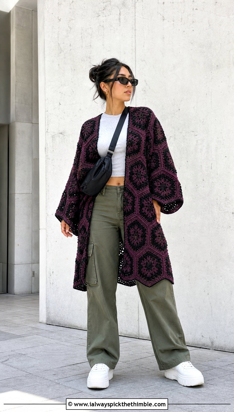 Hexagon Crocheted Kimono With Cargo Pants - 20 Crocheted Kimono outfit ideas