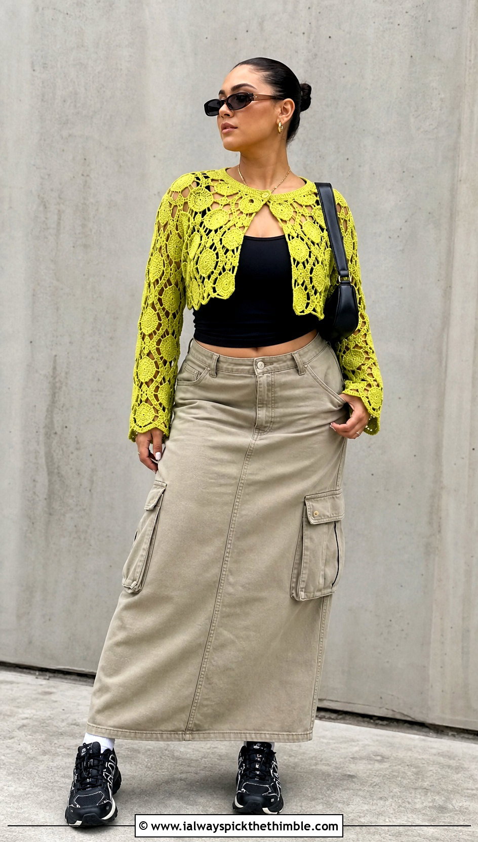 Hexagon Crop Jacket With Cargo Maxi Skirt - 15 Colorful Crochet Jacket Design outfit ideas
