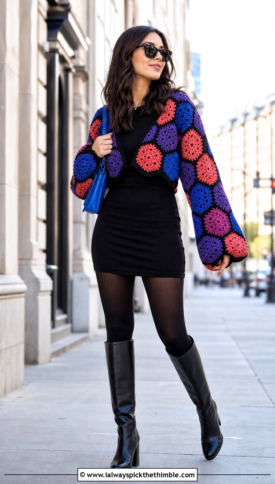 Hexagon Cropped Cardigan With Mini Dress - 25 crochet cropped cardigan outfit ideas