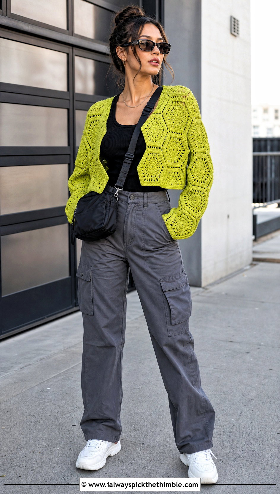 Hexagon Cropped Crochet Cardigan With Cargo Pants - 25 cropped crochet cardigan outfit ideas