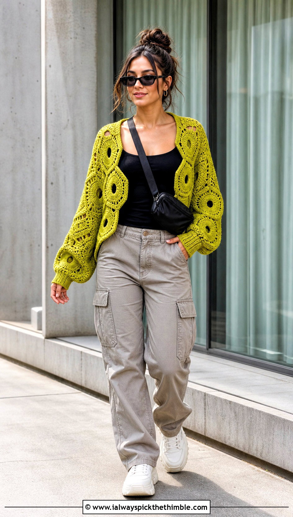 Hexagon DK Crochet Cardigan With Cargo Pants - 20 Dk Crochet Cardigan outfit ideas