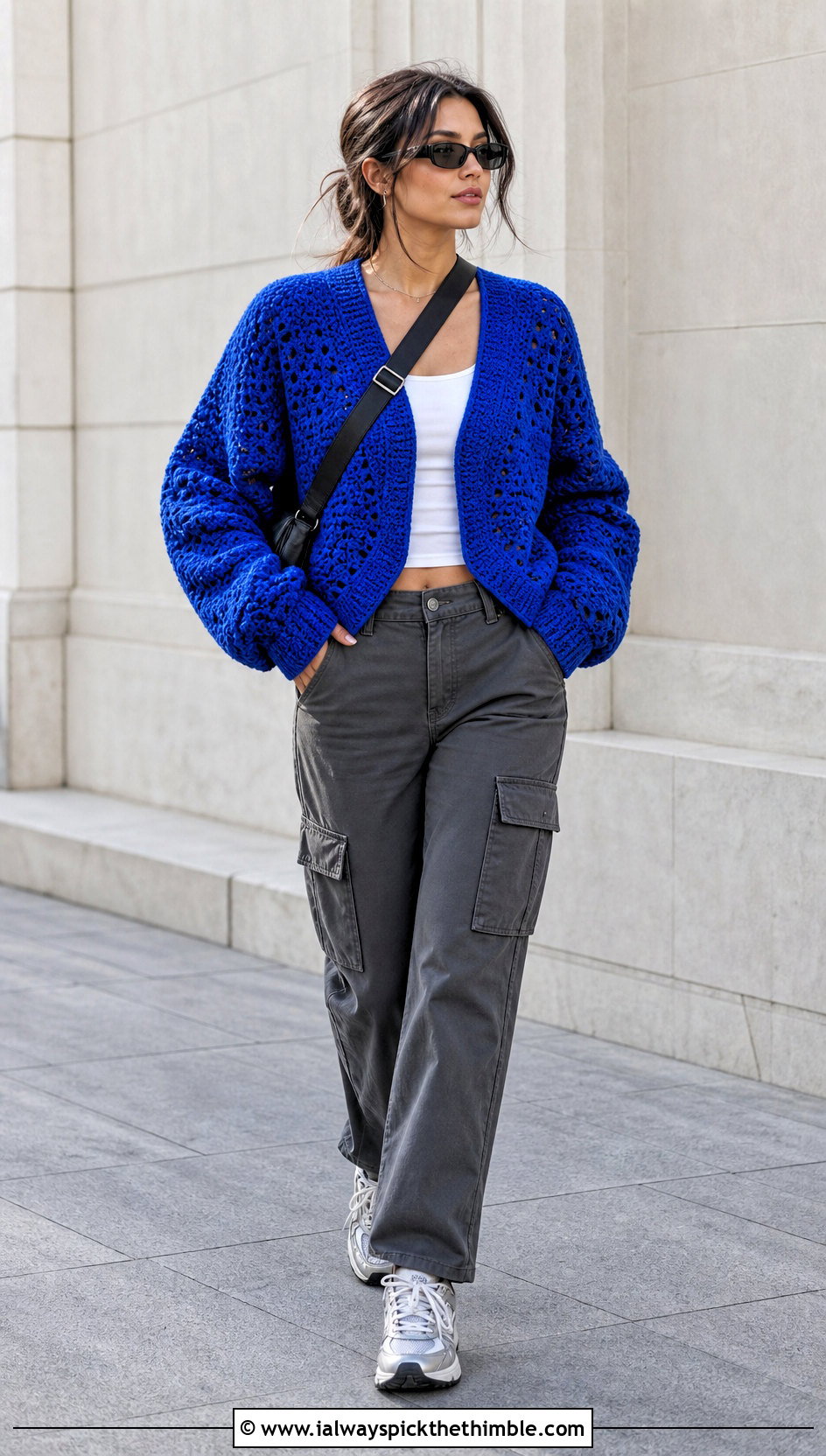 Hexagon Double Crochet Cardigan With Cargo Pants - 20 Double Crochet Cardigan outfit ideas