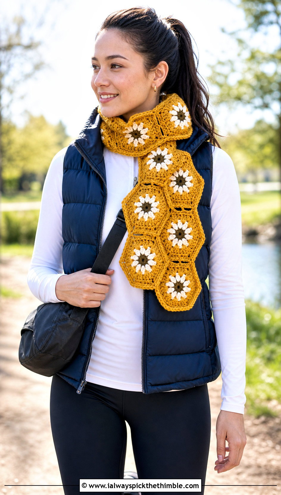Hexagon Flower Crochet Scarf With Puffer Vest And Leggings - 25 crochet flower scarf outfit ideas