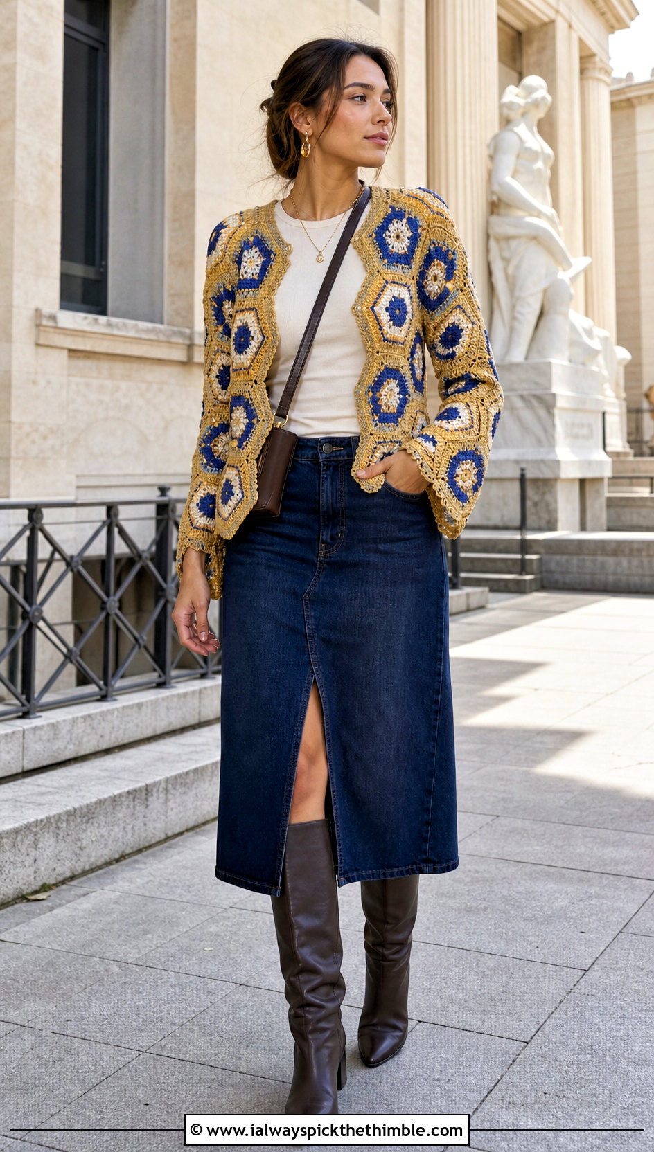 Hexagon Gold Crochet Cardigan With Denim Midi Skirt - 15 gold crochet cardigan outfit ideas