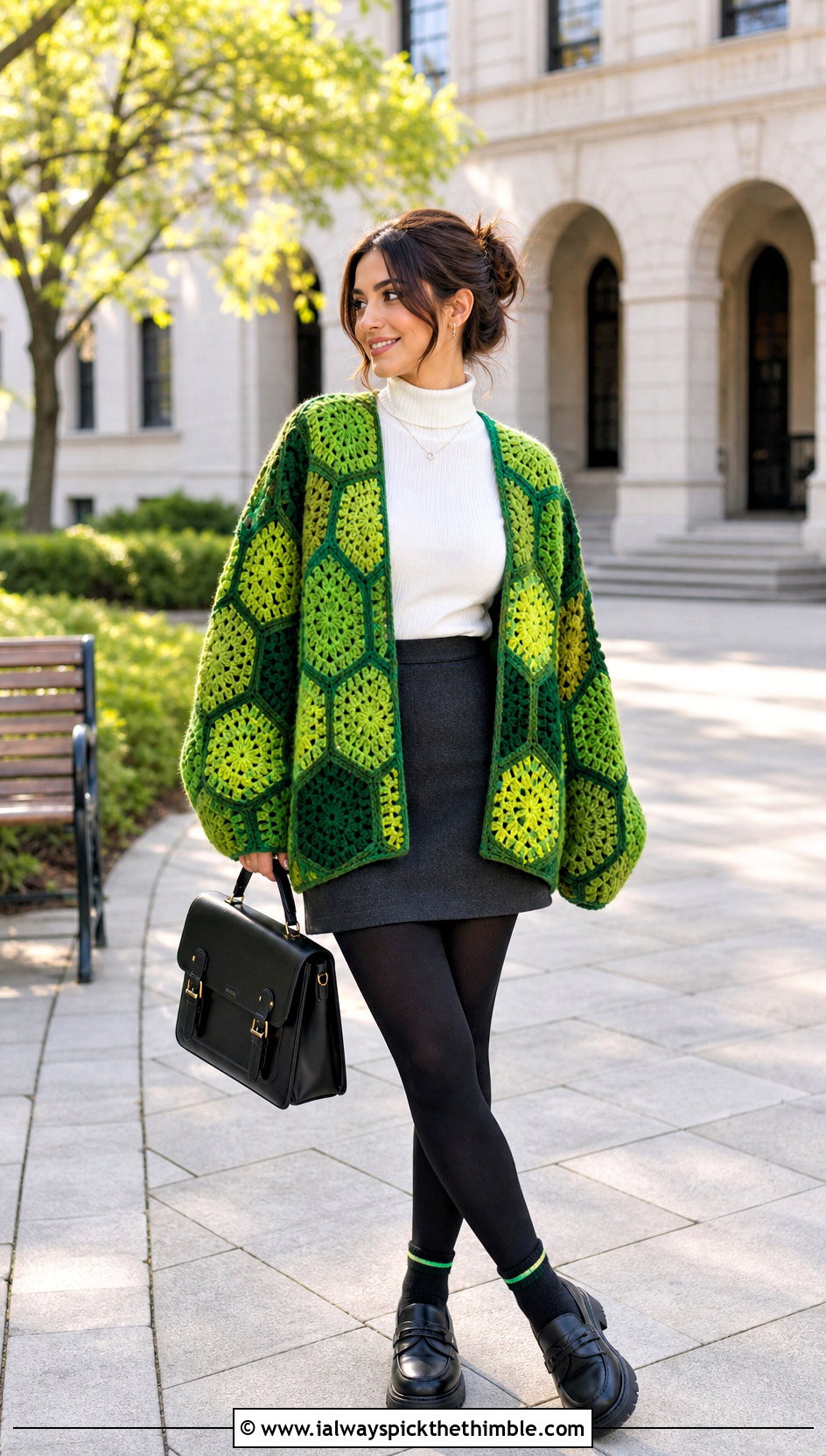 Hexagon Grandpa Crochet Cardigan With Mini Skirt And Loafers - 20 grandpa crochet cardigan outfit ideas
