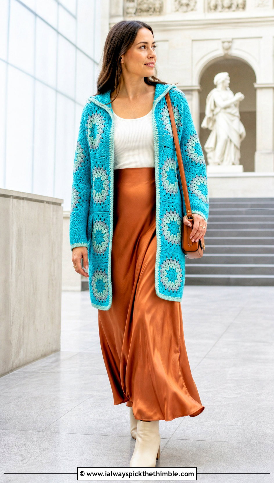 Hexagon Granny Cardigan With Hood And Satin Maxi Skirt - 20 granny square cardigan with hood outfit ideas
