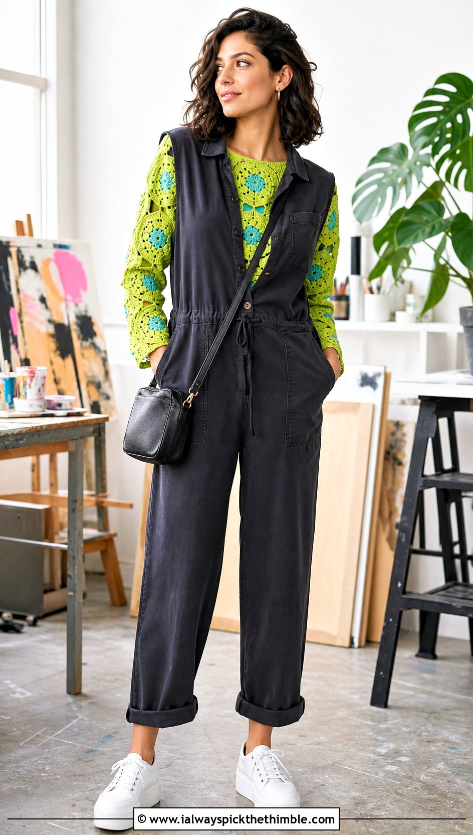 Hexagon Granny Crochet Shirt Under Utility Jumpsuit - 25 crochet shirts outfit ideas