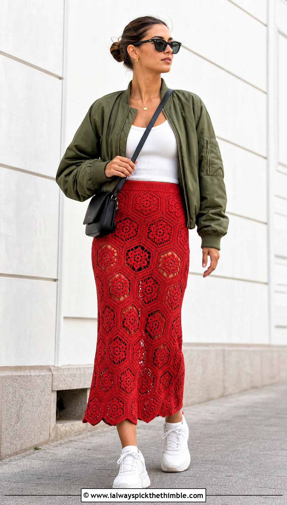 Hexagon Granny Motif Skirt With Bomber Jacket And Sneakers - 25 crochet granny skirt outfit ideas