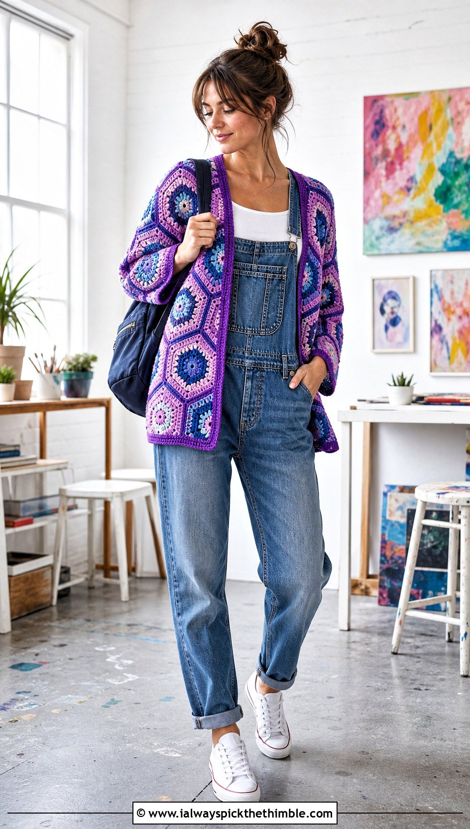 Hexagon Granny Square Cardigan With Denim Overalls - 20 granny squares cardigan outfit ideas