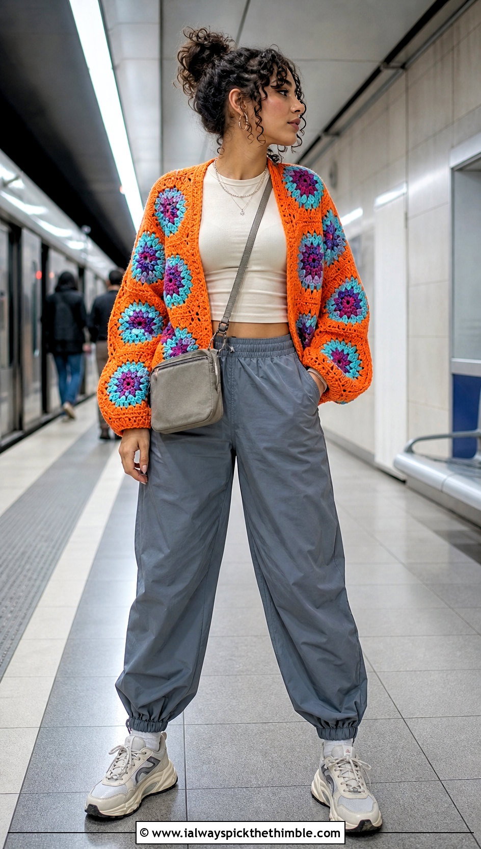 Hexagon Granny Square Cardigan With Parachute Pants - 20 crochet granny squares cardigan outfit ideas