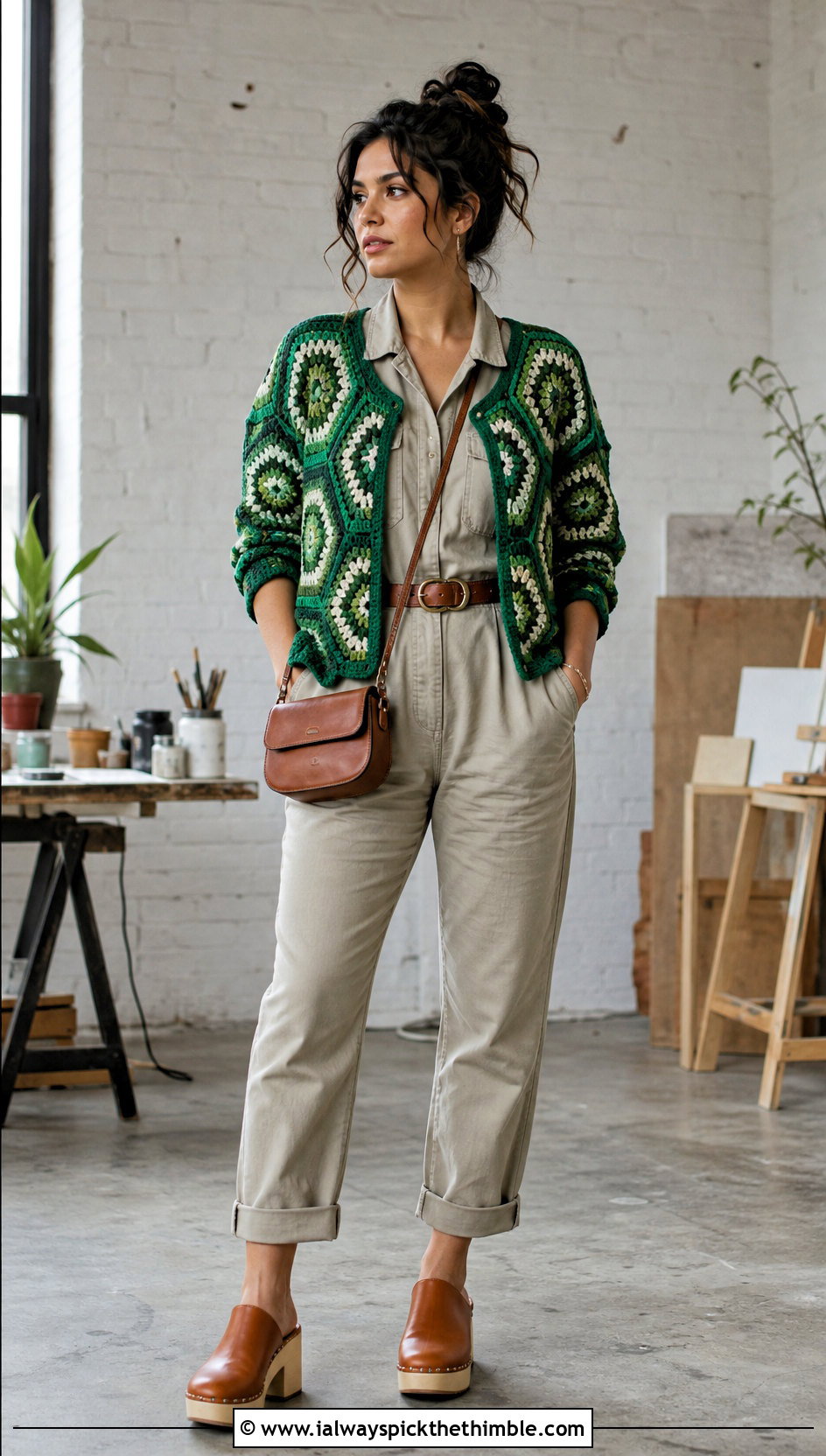 Hexagon Granny Square Cardigan With Utility Jumpsuit - 25 granny square cardigan outfit ideas