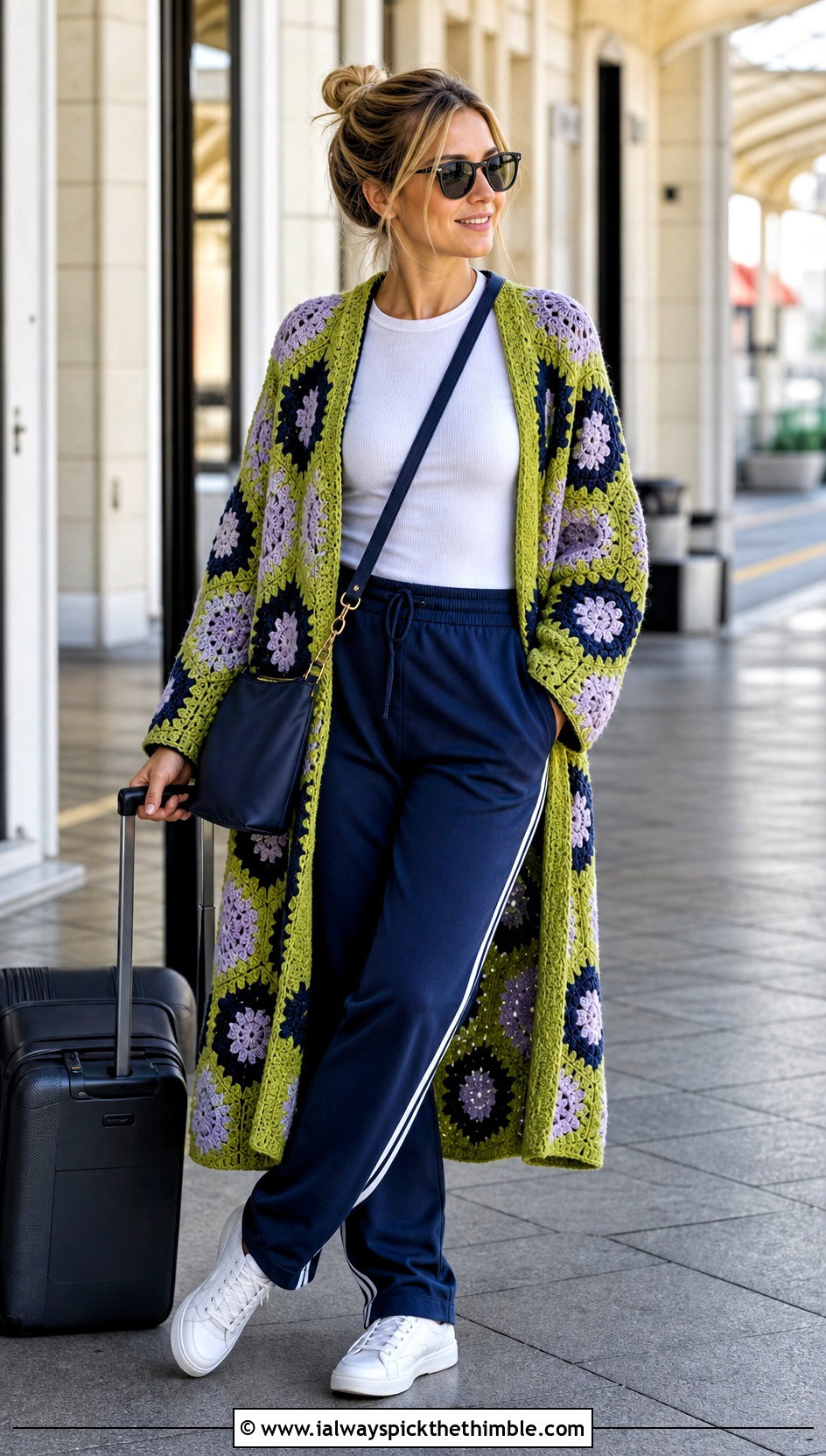Hexagon Granny Square Coat With Track Pants - 20 granny square coat outfit ideas
