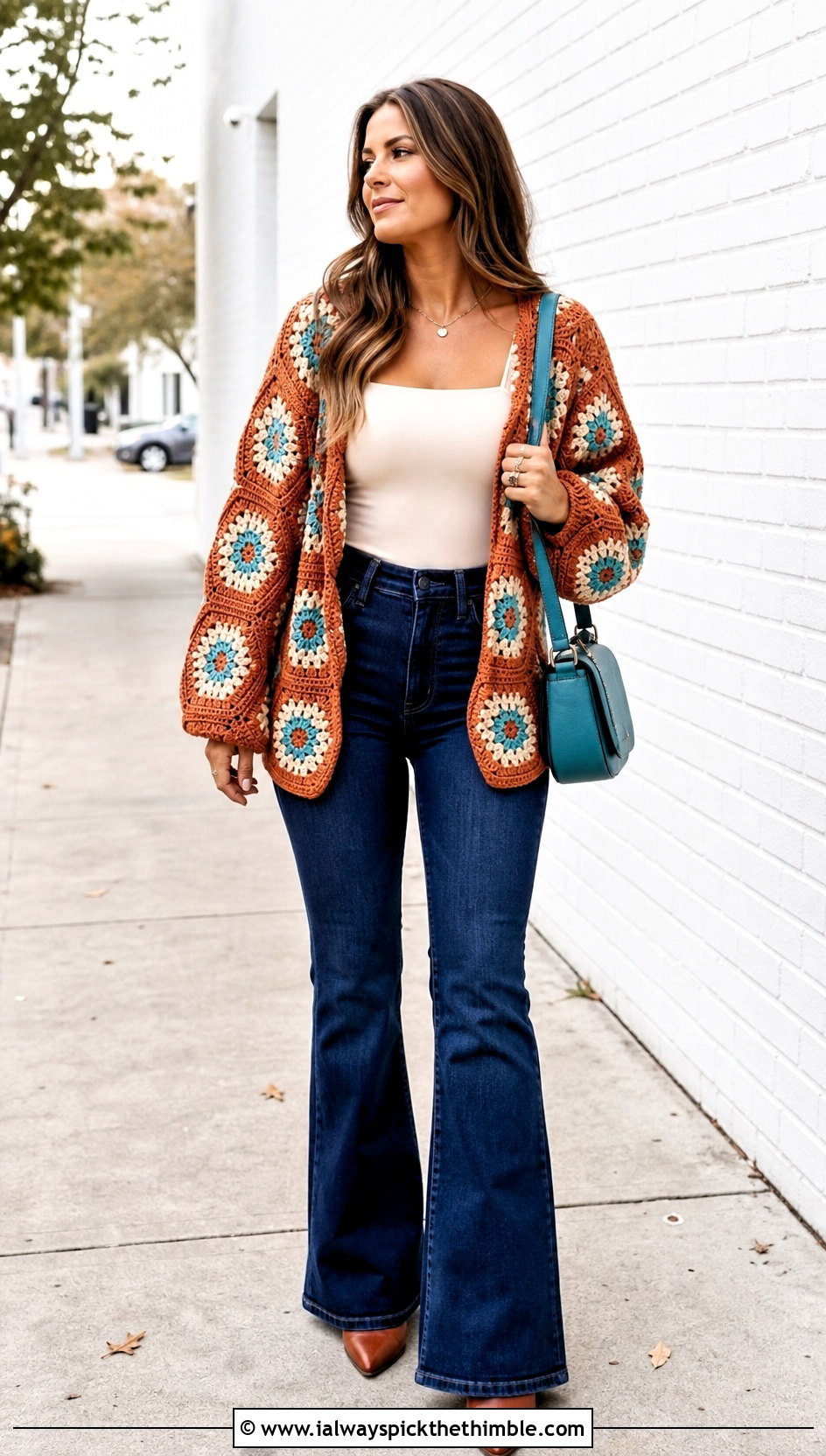 Hexagon Granny Square Crochet Cardigan With Flared Jeans - 20 Grant Square Crochet Cardigan outfit ideas