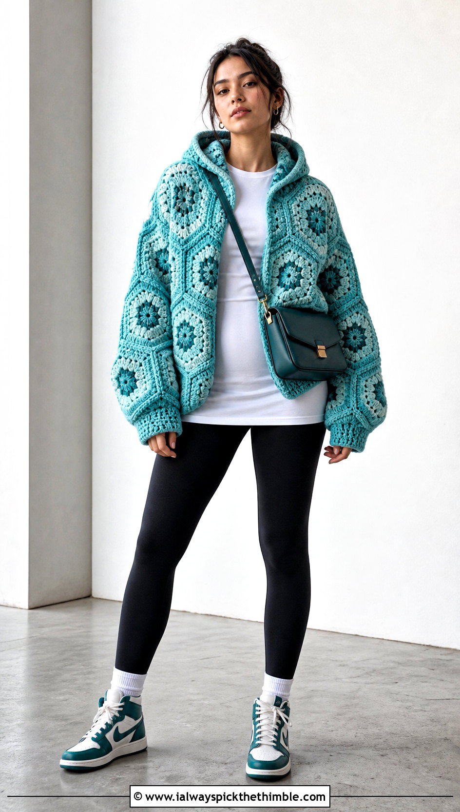 Hexagon Granny Square Hooded Jacket With Black Leggings - 20 Granny Square Hooded Jacket outfit ideas