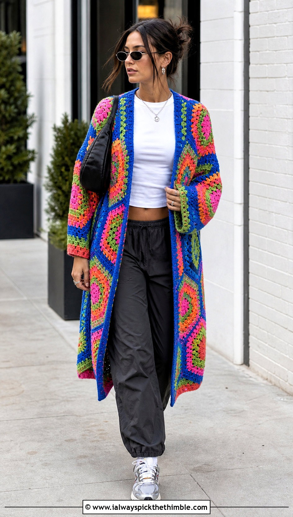 Hexagon Granny Square Long Cardigan With Parachute Pants - 20 crochet granny square long cardigan outfit ideas