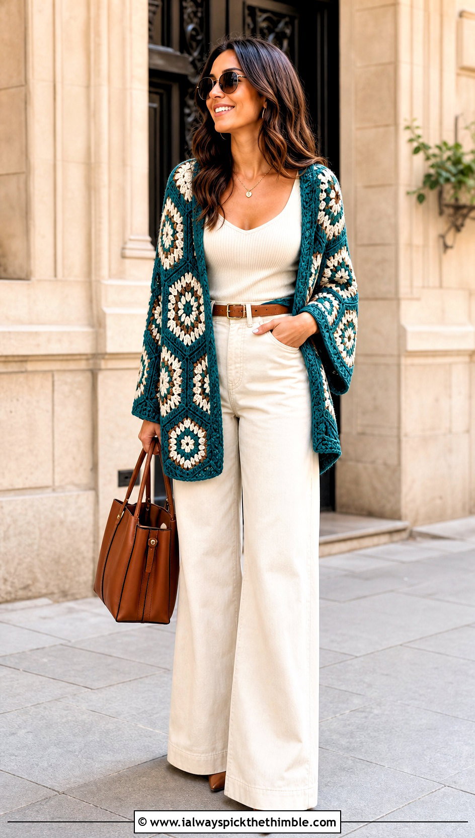 Hexagon Granny Square Shrug With Wide Leg Jeans - 20 Crochet Granny Shrug outfit ideas