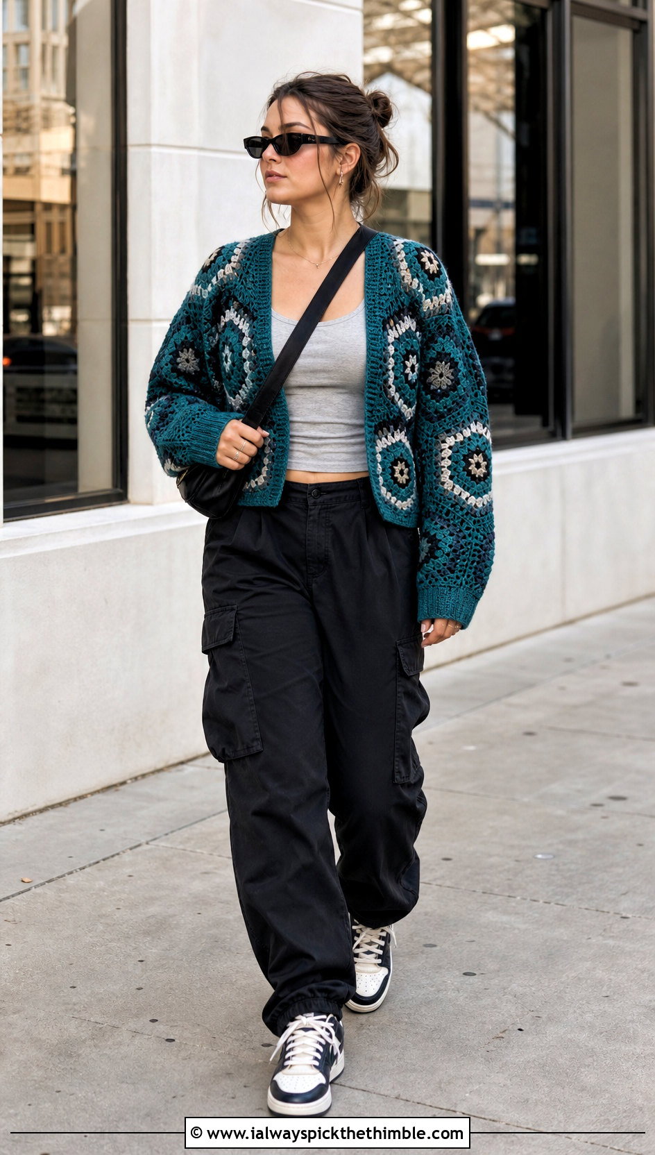 Hexagon Granny Stitch Cardigan With Cargo Pants - 25 crochet granny stitch sweater outfit ideas