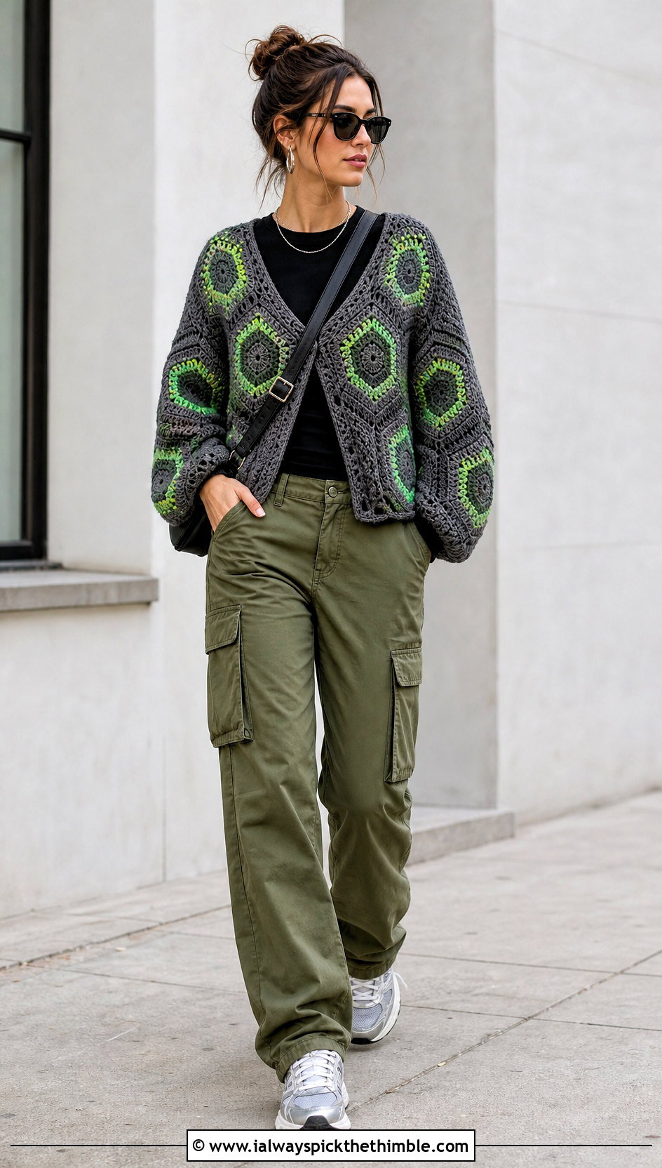 Hexagon Gray Crochet Cardigan With Cargo Pants - 15 Gray Crochet Cardigan outfit ideas