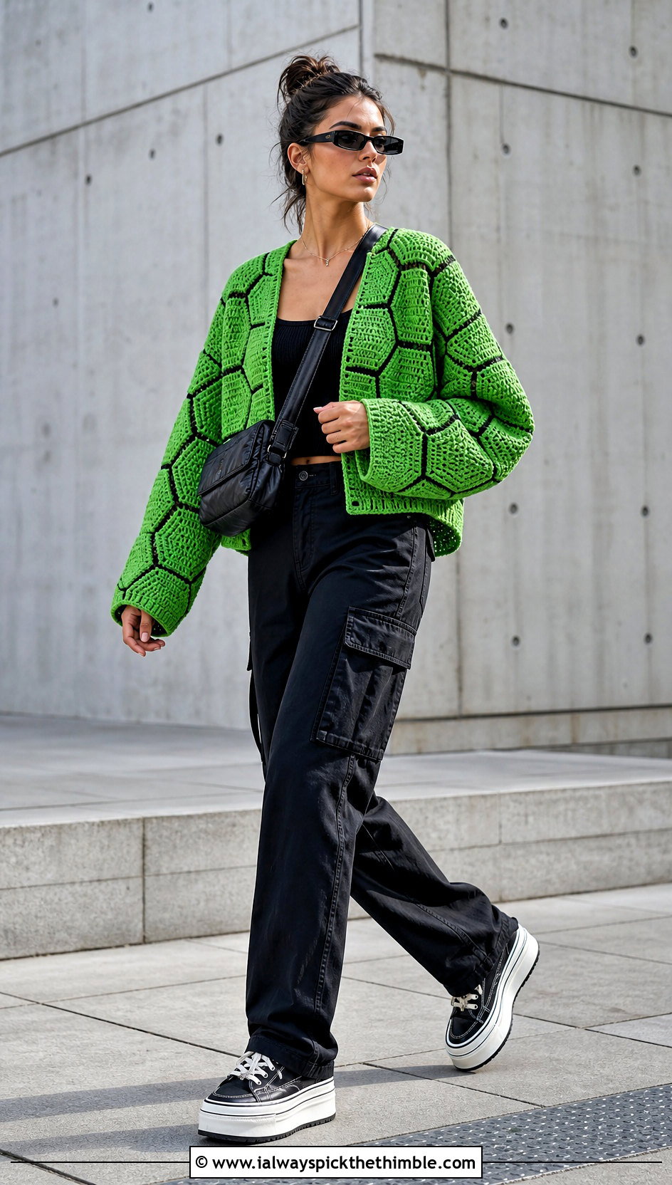 Hexagon Green Crochet Cardigan With Black Cargo Pants - 25 green crochet cardigan outfit ideas