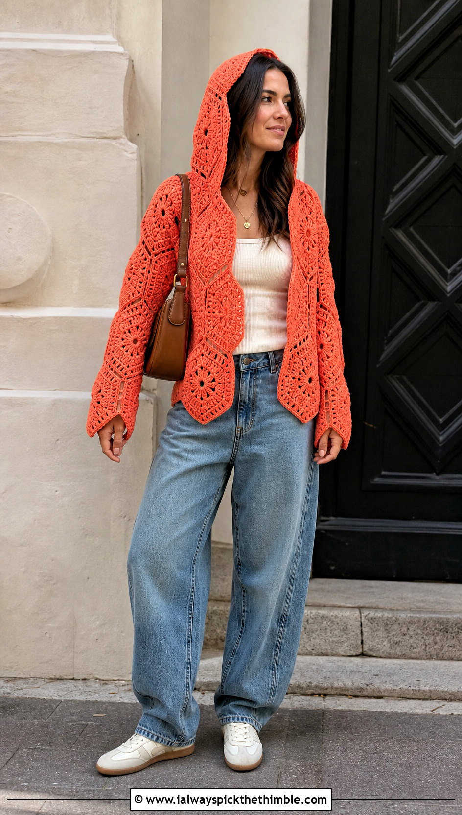 Hexagon Hooded Crochet Cardigan With Barrel Jeans - 25 hooded crochet cardigan outfit ideas