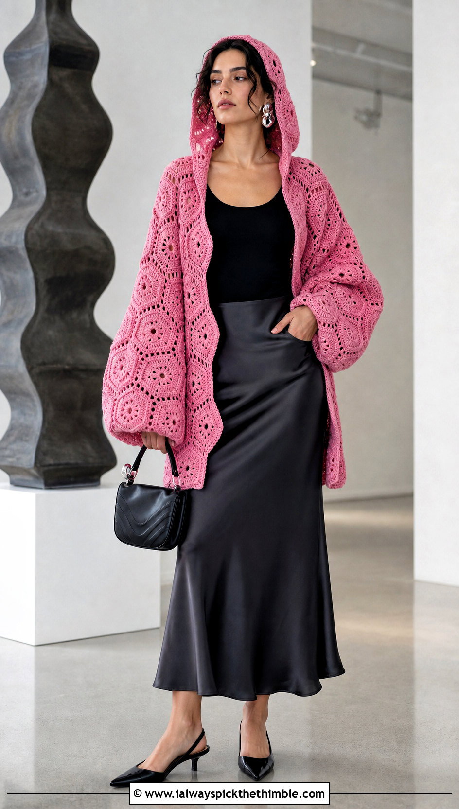 Hexagon Hooded Crochet Cardigan With Satin Slip Skirt - 20 crochet hoodie cardigan outfit ideas