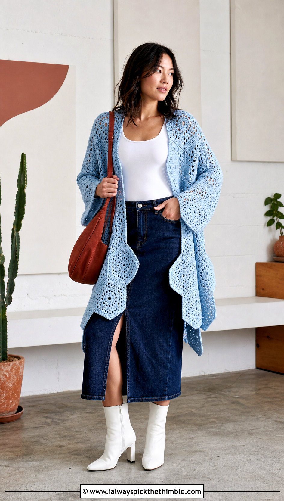 Hexagon Light Blue Crochet Cardigan With Denim Midi Skirt - 20 light blue crochet cardigan outfit ideas