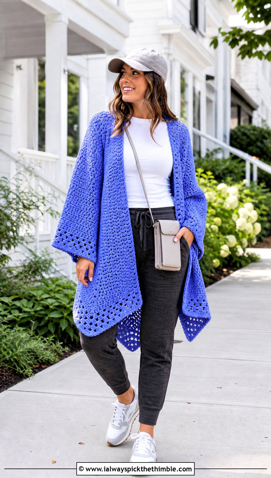 Hexagon Long Crochet Cardigan With Joggers - 20 long crochet cardigan outfit ideas