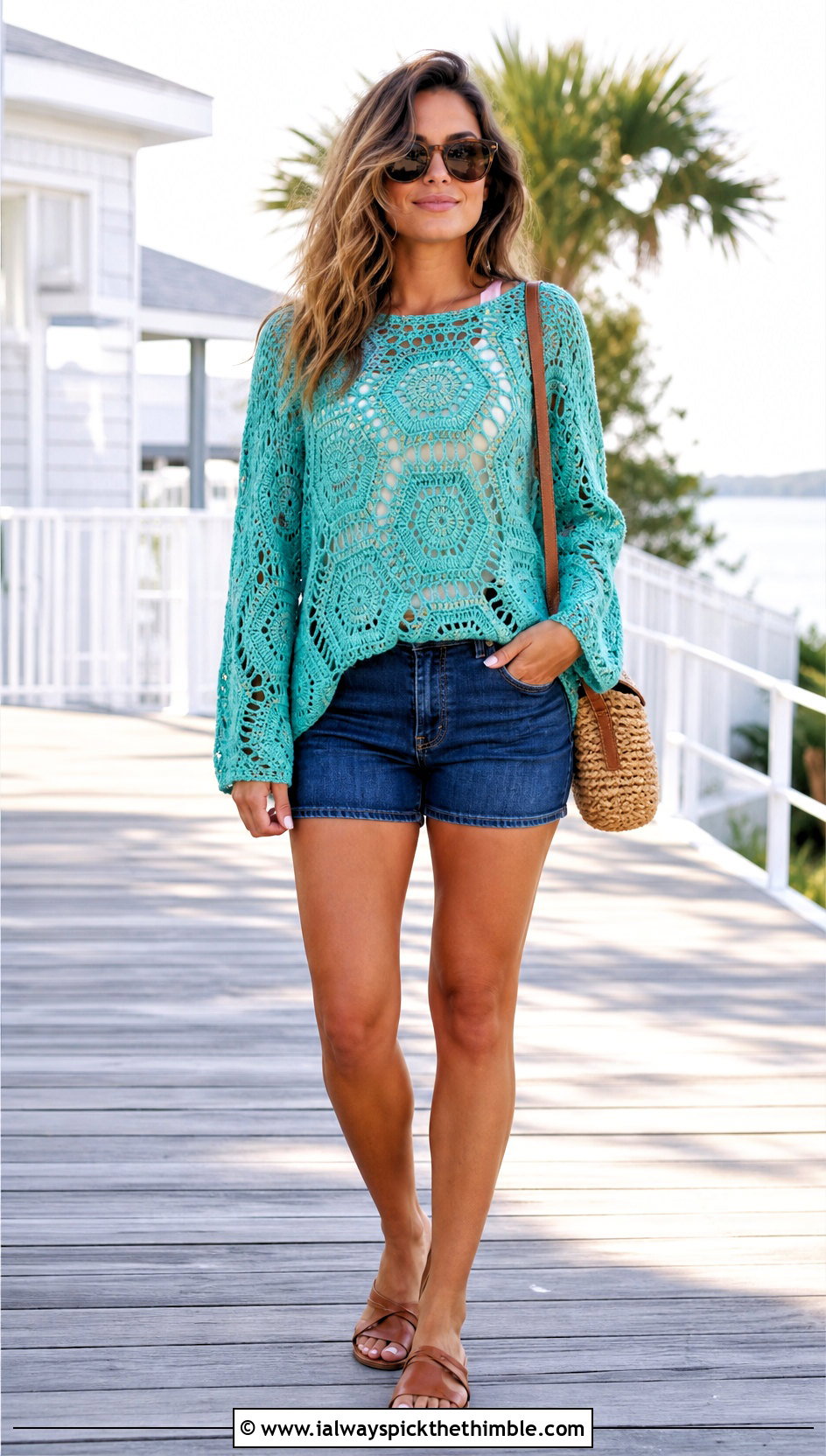 Hexagon Loose Crochet Sweater With Denim Shorts - 20 loose crochet sweater outfit ideas