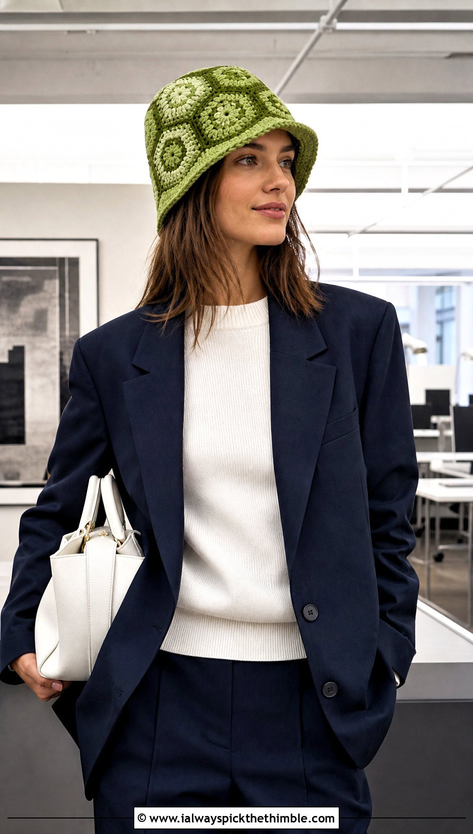 Hexagon Motif Chunky Crochet Bucket Hat With Blazer - 20 Chunky Crochet Bucket Hat outfit ideas