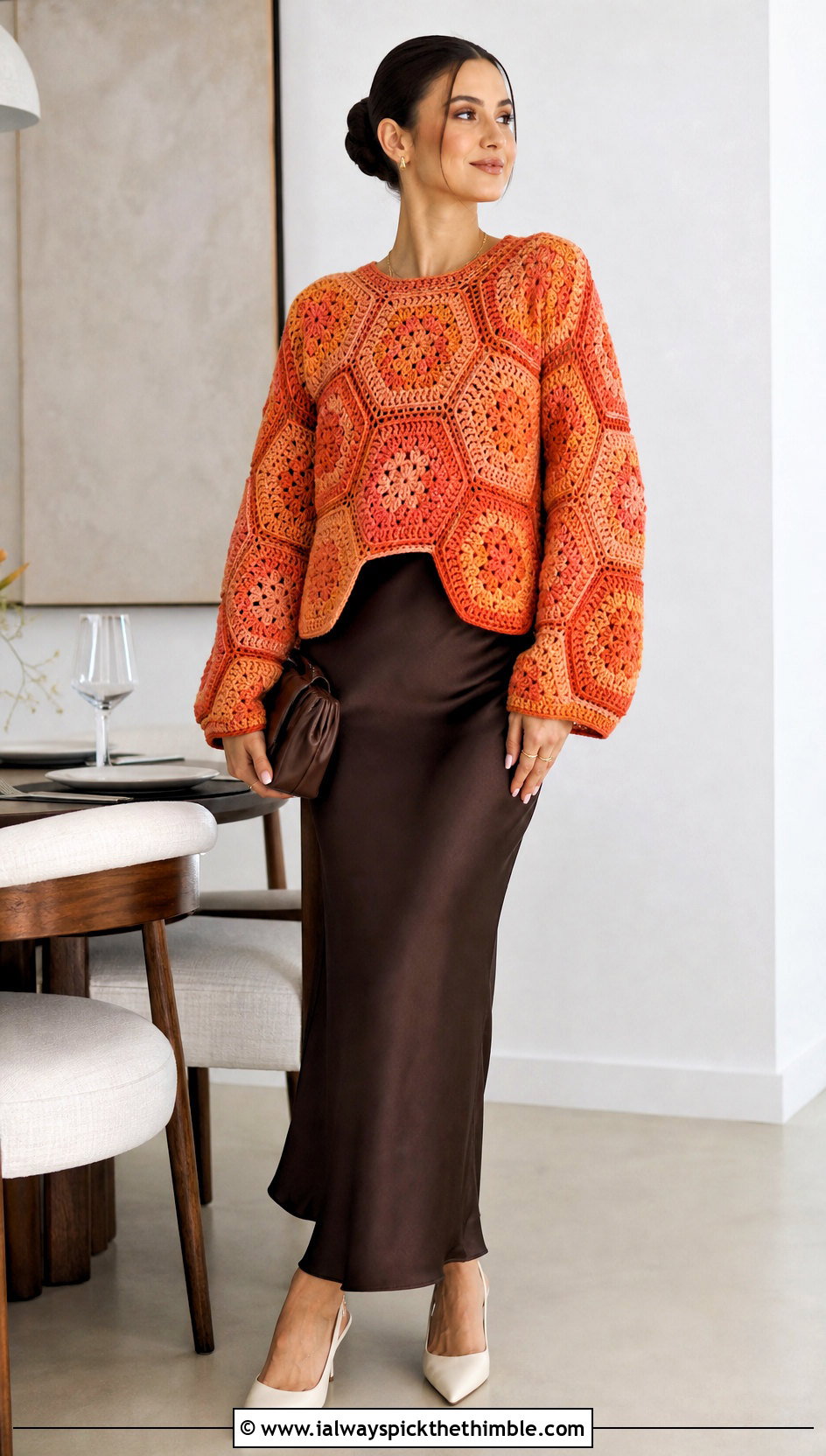 Hexagon Motif Crochet Block Sweater With Satin Slip Skirt - 20 crochet block sweater outfit ideas
