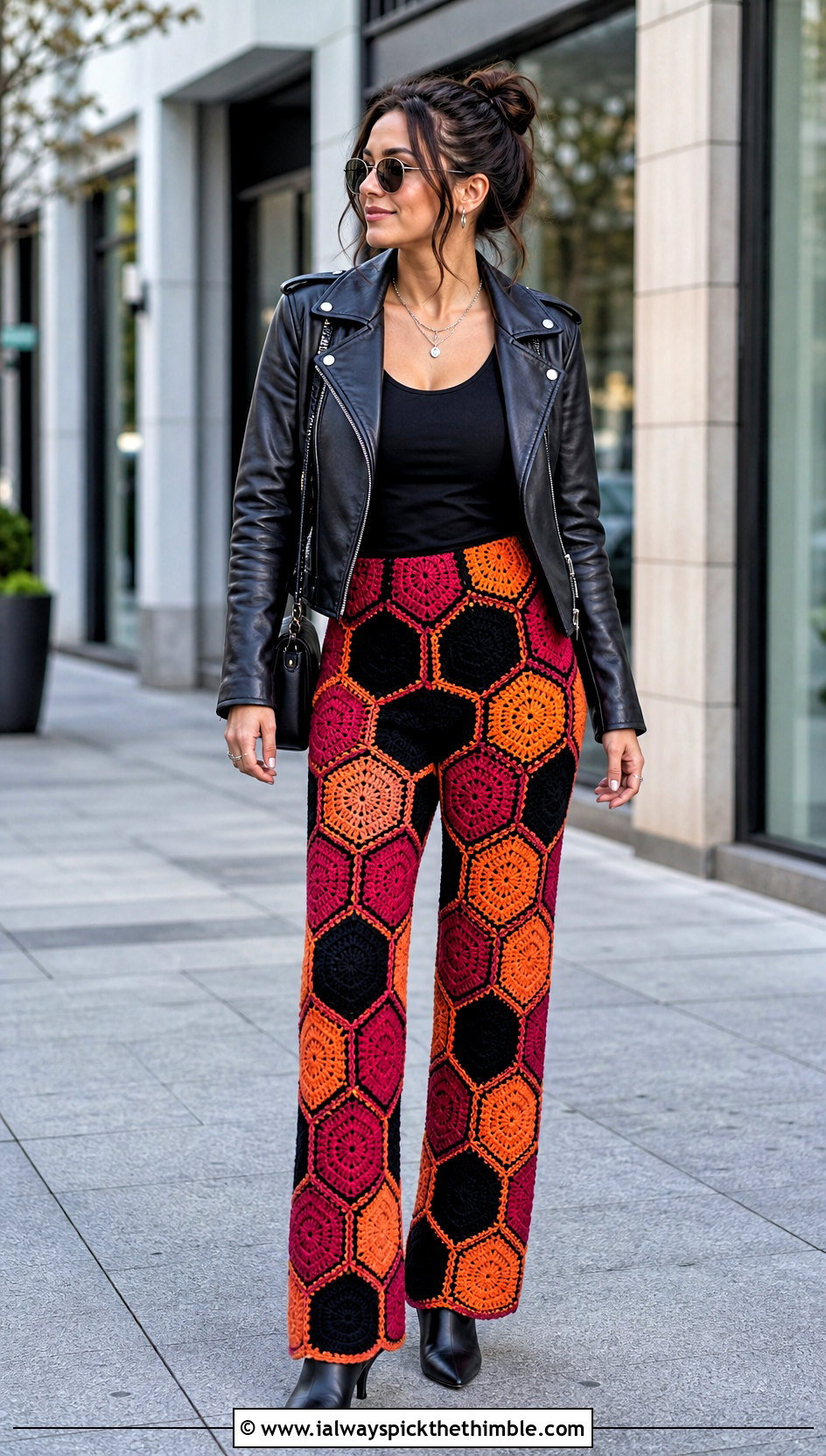 Hexagon Motif Crochet Patchwork Pants With Leather Jacket - 15 Crochet Patchwork Pants outfit ideas